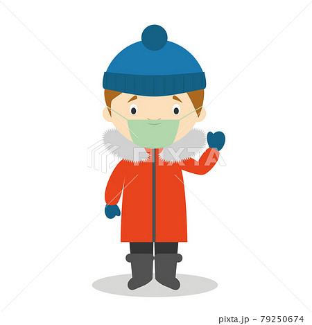 Character from South Pole, Arctic or Antarctica dressed in the traditional way and with surgical mask and latex gloves as protection against a health emergency Character from South Pole, Arctic or Antarctica dressed in the traditional way and with surgical mask and latex gloves as protection against a health emergency 79250674