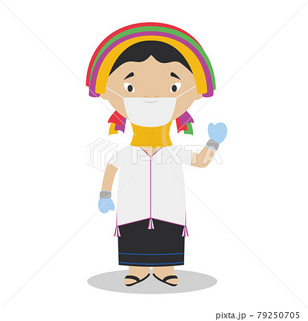Padaung girl character from Myanmar (Kayan Tribe) dressed in the traditional way and with surgical mask and latex gloves as protection against a health emergency 79250705
