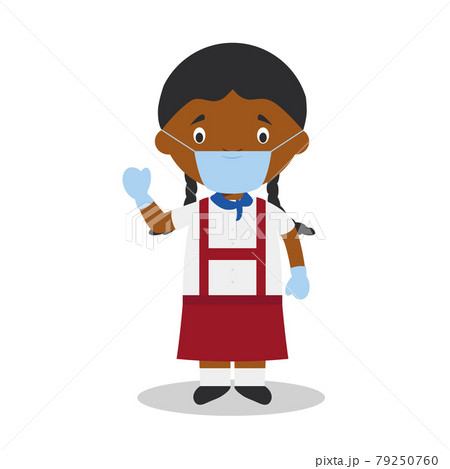 Character from Cuba dressed in the traditional way and with surgical mask and latex gloves as protection against a health emergency Character from Cuba dressed in the traditional way and with surgical mask and latex gloves as protection against a health emergency 79250760