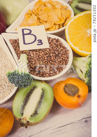 Ingredients and products containing vitamin B3 and other natural minerals, healthy nutrition concept Ingredients and products containing vitamin B3 and other natural minerals, healthy nutrition concept 79251302