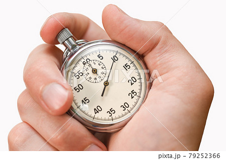 Stopwatch button presses hand finger on white background, isolate 79252366