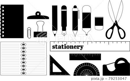 ステーショナリー 文房具 デスク 白黒 アイコン風のイラスト素材