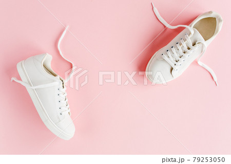 Woman clothes and accessories set on white background top view. modern and casual outfit. fashion, shopping and makeup concept. Flat lay, top view.  79253050