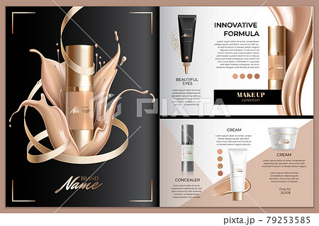 Advertising poster for cosmetic product for catalog, magazine. Design of cosmetic package. Advertising of foundation cream, concealer, base, BB cream. Realistic creamy texture 79253585