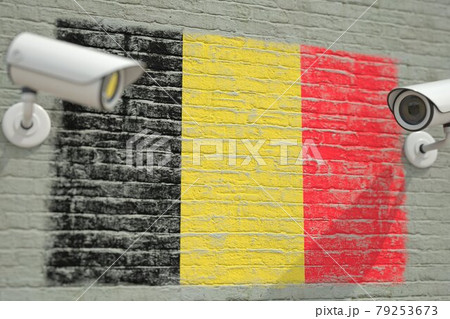 Surveillance cameras and wall with flag of Belgium. Modern security related 3D rendering 79253673