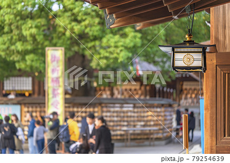 [東京・原宿] 明治神宮の廻廊に吊るしてある金箔な十六葉一重菊を飾る吊り灯籠。 79254639
