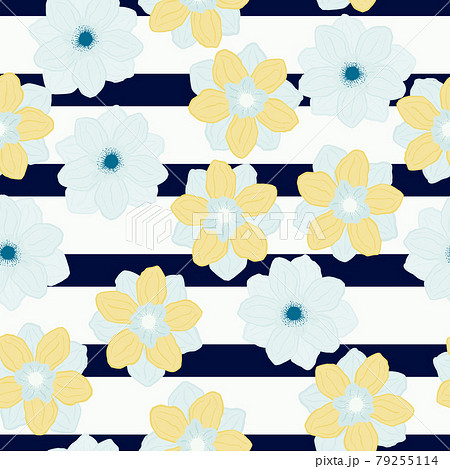 Abstract style nature seamless pattern with light blue and yellow random anemone print. Striped background. Abstract style nature seamless pattern with light blue and yellow random anemone print. Striped background. 79255114