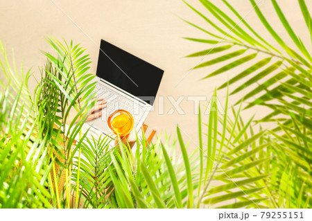 Woman blogger with laptop holding glass of water with piece orange sitting under palm tree branches on the sand of beach . Summer vacation. Top view 79255151