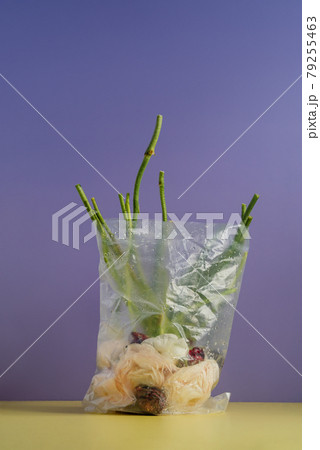 Closeup of various flowers wrapped in plastic with water drops Closeup of various flowers wrapped in plastic with water drops 79255463
