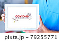 Tablet with visual information about the global virus and recommendations on how to prevent it 79255771