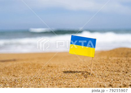 Flag of Ukraine in the form of a toothpick in the sand of beach opposite sea wave. Travel concept 79255907