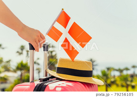 Woman with pink suitcase, hat and Denmark flag standing on passengers ladder and getting out of airplane opposite sea coastline with palm trees. 79256105