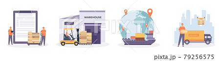 Global logistic chain. International supply, distribution, warehouse, transportation and delivery network. Import and export vector concept Global logistic chain. International supply, distribution, warehouse, transportation and delivery network. Import and export vector concept 79256575
