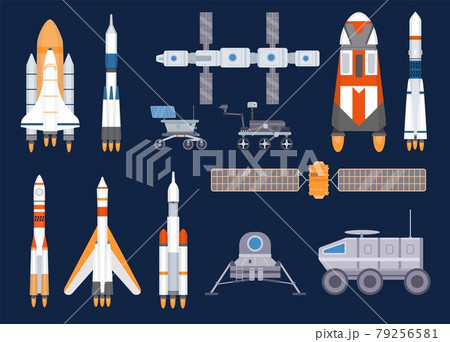 Spacecraft technology. Satellites, rockets, space station, ships, shuttles, moon and mars rovers. Universe exploring equipment vector set 79256581