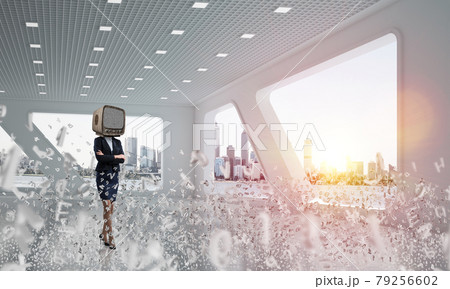 Business woman with an old TV instead of head. Business woman with an old TV instead of head. 79256602