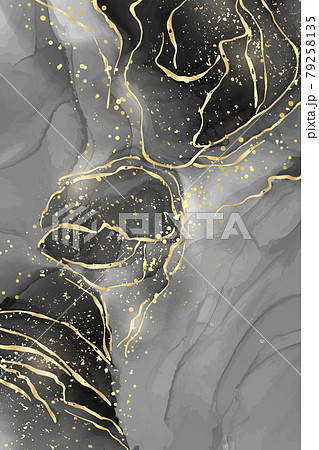 Abstract black liquid watercolor background with golden cracks. Dark marble alcohol ink drawing effect. Vector illustration design template for wedding invitation 79258135