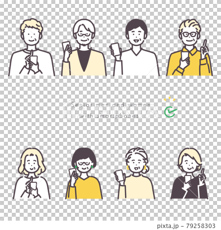 使用智能手機的老年男女的圖標插圖 使用智能手機的老年男女的圖標插圖 79258303