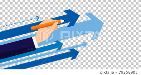 Illustration of a man in a suit holding a pencil and a growing arrow, vector illustration 79258903