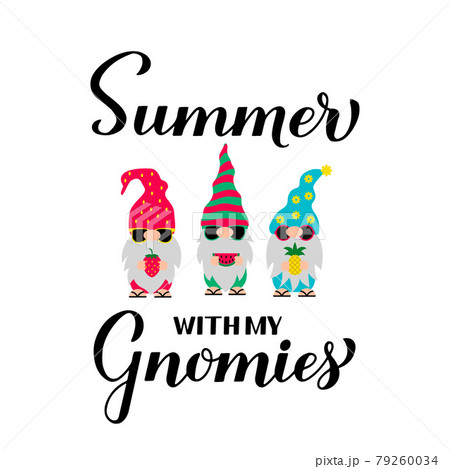 Summer with my gnomies. Cute cartoon gnomes on vacations. Vector template for banner, typography poster, greeting card, t-shirt Summer with my gnomies. Cute cartoon gnomes on vacations. Vector template for banner, typography poster, greeting card, t-shirt 79260034