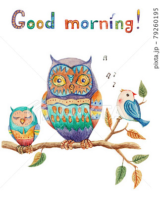 Good morning. Cute vintage watercolor greeting card with owls and little bird. 79260195