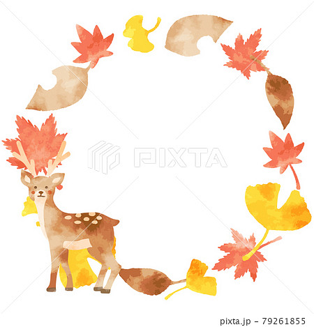 かわいい水彩の鹿と秋の葉っぱの円形フレームのイラスト素材