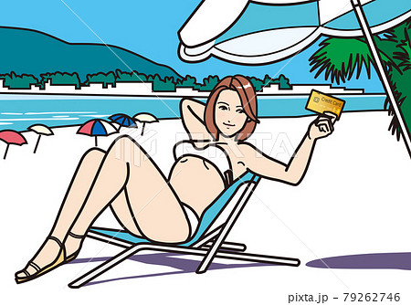 ビーチでクレジットカードを持つバカンスの女性 のイラスト素材