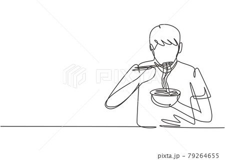 Single continuous line drawing young man having noodles meal with chopsticks around table. Enjoy lunch when hungry. Delicious and healthy food. Dynamic one line draw graphic design vector illustration Single continuous line drawing young man having noodles meal with chopsticks around table. Enjoy lunch when hungry. Delicious and healthy food. Dynamic one line draw graphic design vector illustration 79264655