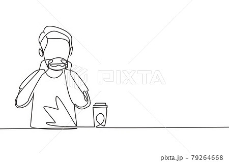 Single one line drawing young boy having hamburger meal with hands around table. Enjoy and happy lunch when hungry. Delicious fast food. Modern continuous line draw design graphic vector illustration Single one line drawing young boy having hamburger meal with hands around table. Enjoy and happy lunch when hungry. Delicious fast food. Modern continuous line draw design graphic vector illustration 79264668