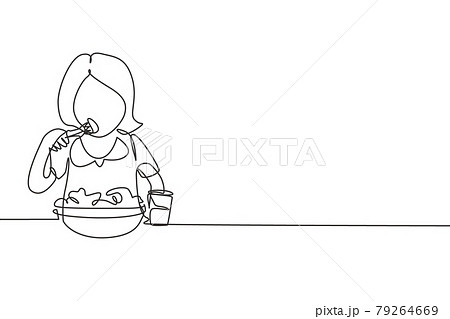 Single one line drawing girl having salad meal with fork around table. Happy and enjoy breakfast in morning. Delicious and healthy food. Modern continuous line draw design graphic vector illustration Single one line drawing girl having salad meal with fork around table. Happy and enjoy breakfast in morning. Delicious and healthy food. Modern continuous line draw design graphic vector illustration 79264669