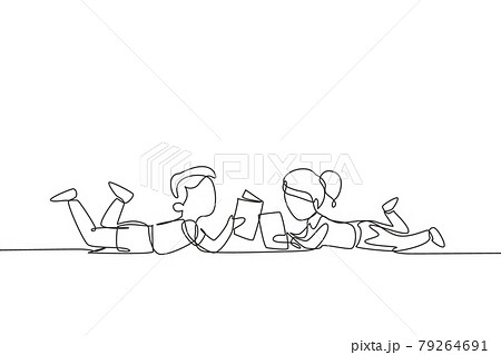 Continuous one line drawing two kids boy and girl reading, learning and laying down on the floor. Study at home. Smart students, education concept. Single line draw design vector graphic illustration 79264691