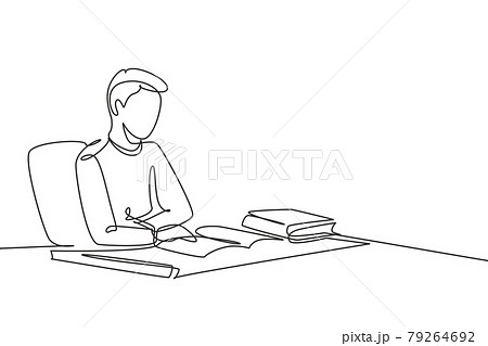 Single one line drawing young man reading, learning and sitting on chair around table. Study in library. Intelligent student, education concept. Continuous line draw design graphic vector illustration 79264692