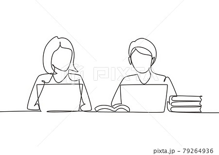 Continuous one line drawing two young woman studying with laptop and pile of books. Back to school, intelligent students, online education concept. Single line draw design vector graphic illustration Continuous one line drawing two young woman studying with laptop and pile of books. Back to school, intelligent students, online education concept. Single line draw design vector graphic illustration 79264936