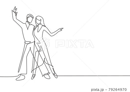 Single one line drawing man and woman professional dancer couple dancing tango, waltz dances on dancing contest dancefloor. Night party. Modern continuous line draw design graphic vector illustration Single one line drawing man and woman professional dancer couple dancing tango, waltz dances on dancing contest dancefloor. Night party. Modern continuous line draw design graphic vector illustration 79264970
