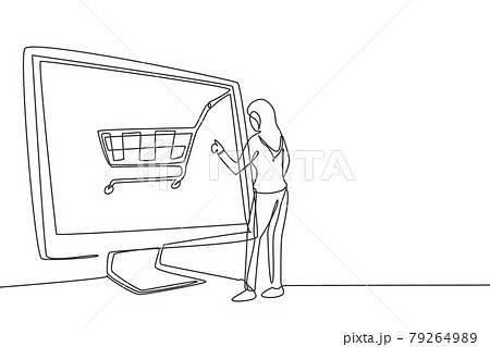 Single one line drawing young woman shopping online via giant computer screen with shopping cart inside. Digital lifestyle, consumerism concept. Continuous line draw design graphic vector illustration Single one line drawing young woman shopping online via giant computer screen with shopping cart inside. Digital lifestyle, consumerism concept. Continuous line draw design graphic vector illustration 79264989
