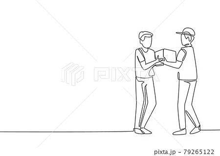 Single continuous line drawing courier gives package box to male customer. Online shopping. Online delivery service. Fast delivery parcel concept. One line draw graphic design vector illustration 79265122