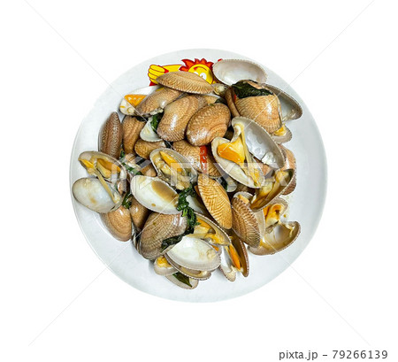 Stir Fried Clams in white plate on white background Stir Fried Clams in white plate on white background 79266139