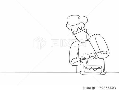 Single continuous line drawing of young male chef decorating birthday pastry cake with whipping cream on restaurant kitchen. Bakery food concept one line drawing design vector minimalism illustration Single continuous line drawing of young male chef decorating birthday pastry cake with whipping cream on restaurant kitchen. Bakery food concept one line drawing design vector minimalism illustration 79266603