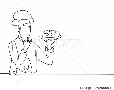 Single one line drawing young happy handsome male chef give tasting good gesture while serving main dish at restaurant. Delicious food taste trendy one line hand drawn vector illustration minimalism Single one line drawing young happy handsome male chef give tasting good gesture while serving main dish at restaurant. Delicious food taste trendy one line hand drawn vector illustration minimalism 79266604