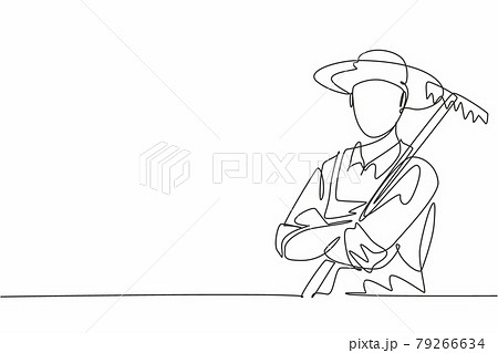 Single continuous line drawing of young male farmer cross arm on chest while holding farm fork. Professional work job occupation. Minimalism concept one line draw graphic design vector illustration 79266634