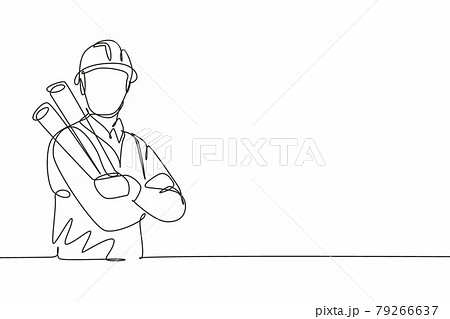 Single one line drawing young male architect cross arm on chest hold blueprint paper. Professional work profession occupation minimal concept. Continuous line draw design graphic vector illustration Single one line drawing young male architect cross arm on chest hold blueprint paper. Professional work profession occupation minimal concept. Continuous line draw design graphic vector illustration 79266637