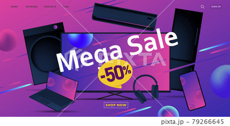 Mega sale advertiving banner with 3d illustration of dofferent home and smart electronic devices, discount up to fifty 79266645