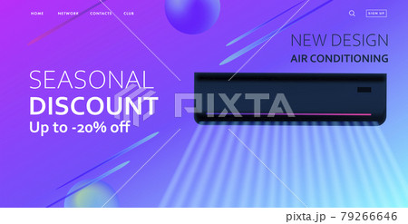 Air conditioner promo web banner with 3d illustration of the black cooling device with wind waves on purple abstract background 79266646