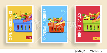 Super market posters with shopping basket full of fruits and beries, set of braight trendy layout poster or banner templates 79266676