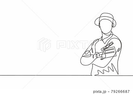 Single one line drawing young male film director cross arm on chest and hold clapping board. Professional profession occupation minimal concept. Continuous line draw design graphic vector illustration 79266687
