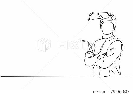 Continuous one line drawing of young male welder wearing mask posing crossed arms on chest. Professional job profession minimalist concept. Single line draw design vector graphic illustration Continuous one line drawing of young male welder wearing mask posing crossed arms on chest. Professional job profession minimalist concept. Single line draw design vector graphic illustration 79266688