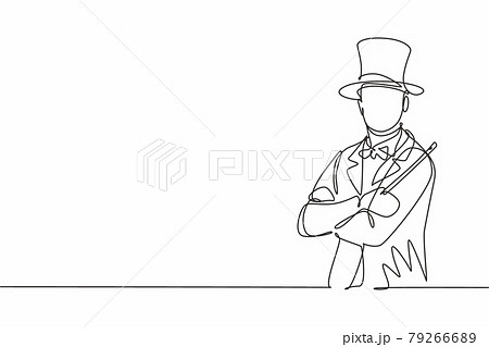 Single continuous line drawing of young male magician cross arm on chest while holding magic wand. Professional work job occupation. Minimalism concept one line draw graphic design vector illustration 79266689