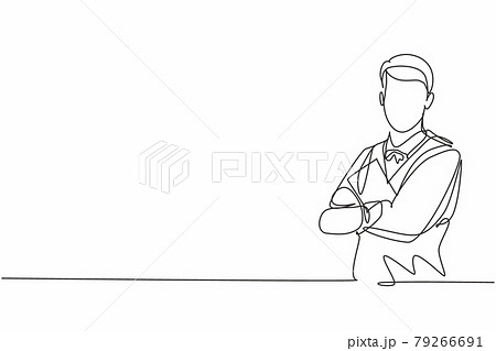 Single continuous line drawing of young male waiter cross arm on chest while holding resto menu. Professional work job occupation. Minimalism concept one line draw graphic design vector illustration 79266691