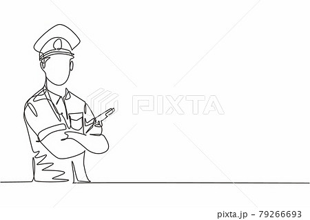 Single continuous line drawing of young police man posing cross arm on chest while holding gun. Professional work job occupation. Minimalism concept one line draw graphic design vector illustration 79266693