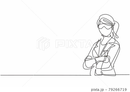 Single continuous line drawing young female scientist wearing goggling and holding flask in lab. Professional work job occupation. Minimalism concept one line draw graphic design vector illustration 79266719
