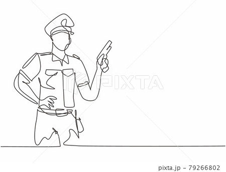 Continuous one line drawing of young policeman wearing uniform and holding hand revolver gun. Professional job profession minimalist concept. Single line draw design vector graphic illustration Continuous one line drawing of young policeman wearing uniform and holding hand revolver gun. Professional job profession minimalist concept. Single line draw design vector graphic illustration 79266802